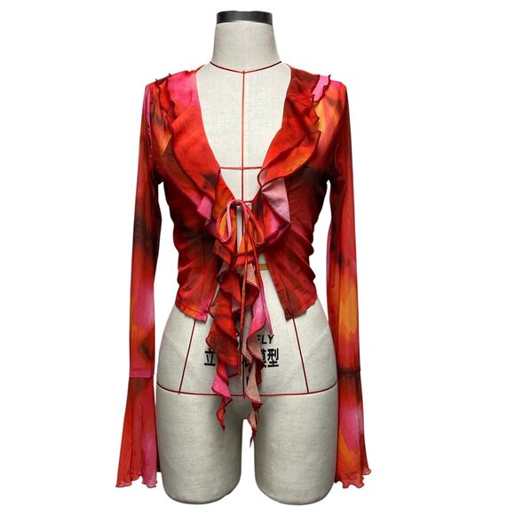 Vintage Windsor Womens Size L Printed Mesh Tie Front Ruffle Y2K Cardigan - Picture 1 of 9